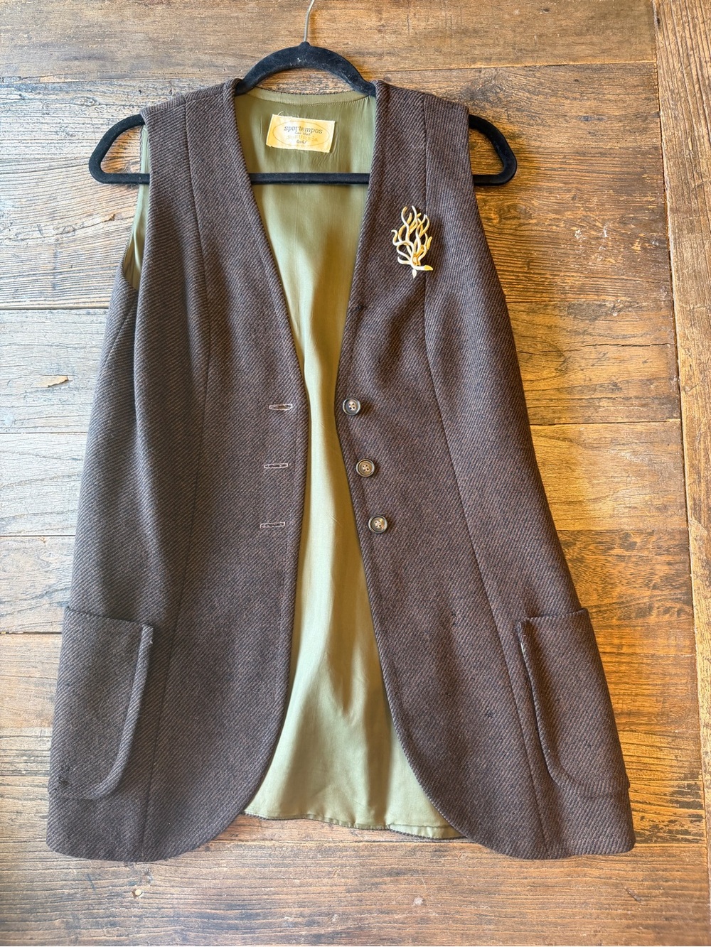 Brown Wool Blend Vest with Olive Lining + Vintage Brooch